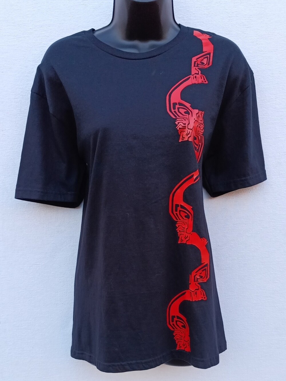 Upcycled Classic Black Short Sleeve Tee with Front Red Vertical Skull Graphic